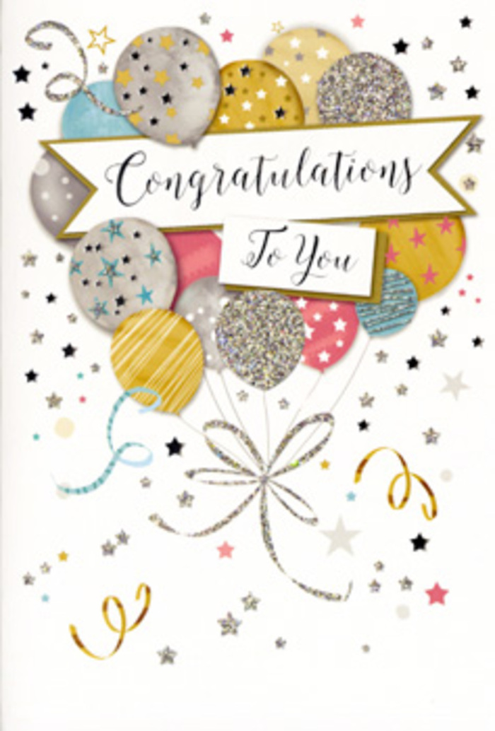 In this image, a tall congratulations card stands poised as if on a mantelpiece in a Sutton home, framed by soft, even light. The artwork focuses on a cluster of balloons gathered together like a celebratory bouquet, their rounded shapes overlapping in a gentle, harmonious composition. The palette is elegantly muted yet festive: brushed gold, soft silver, champagne cream, light sky blue, powder pink, and pale grey all nestle together, each balloon carrying its own distinctive pattern of tiny stars, glitter-kissed accents, or fine metallic bands. Just above the midpoint, a graceful banner curves across the design, bearing the words Congratulations To You in flowing cursive script reminiscent of fine stationery from a small Sutton boutique. Around this central display, delicate curls of ribbon wind their way through the air, and small stars and flecks of confetti scatter across the pale background like the remnants of a joyful gathering in a garden near Benhilton or Rose Hill. The metallic foiling on the balloons and lettering gives a gentle shimmer, catching the light rather than glaring, which adds a sense of calm sophistication. The overall feeling is one of thoughtful celebration, the sort of card you would pair with an artfully arranged vase of seasonal blooms to acknowledge a promotion, a retirement, or a special exam result in and around Sutton. You can almost imagine someone tracing the raised lettering with their fingertips while reading a heartfelt message inside, the card becoming a cherished reminder of support, pride, and shared happiness long after the event itself has passed.