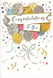 The scene shows a refined congratulations card, its design echoing the kind of gentle festivity you might find at a family celebration in Sutton. At the centre, a bouquet-like cluster of illustrated balloons floats upward, each balloon overlapping the next to create depth and softness. The colours are quietly glamorous-soft gold, muted silver, champagne, misty blue, tender blush pink, and light grey-layered together in a soothing, complementary palette. Every balloon is given individual character with tiny star motifs, glimmering specks of glitter, or slim metallic stripes, so that the group appears to shimmer as though caught in evening light over Sutton's rooftops. A ribbon-like banner unfurls across the cluster, proudly presenting the message Congratulations To You in elegant, sweeping handwriting that feels intimate and personal. Surrounding the central bouquet, fine ribbons curl and twist, while small stars and confetti-like dots flutter across the pale background, capturing the feeling of a room just after guests have cheered and raised a toast. The metallic highlights glint softly, suggesting a tactile surface where some details might be lightly embossed or glossy under the fingers. It is easy to picture this card standing beside a vase of fresh flowers on a sideboard in Carshalton Beeches or near Sutton station, perhaps delivered as part of a same-day congratulations gift. The mood is warm and uplifting, perfect for marking proud achievements-whether a new job, a completed qualification, or a special milestone-while expressing genuine admiration and joy in a way that feels both stylish and heartfelt.